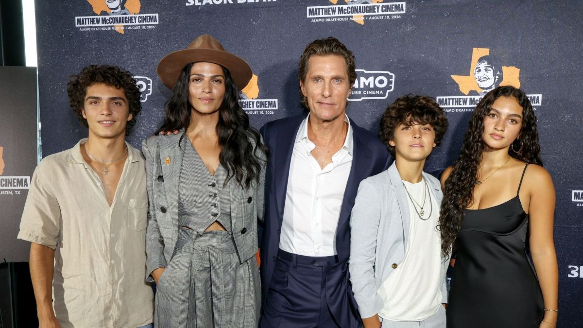 Levi Alves McConaughey, Camila Alves McConaughey, Matthew McConaughey, Livingston Alves McConaughey and Vida Alves McConaughey attend Matthew McConaughey Cinema's dedication ceremony