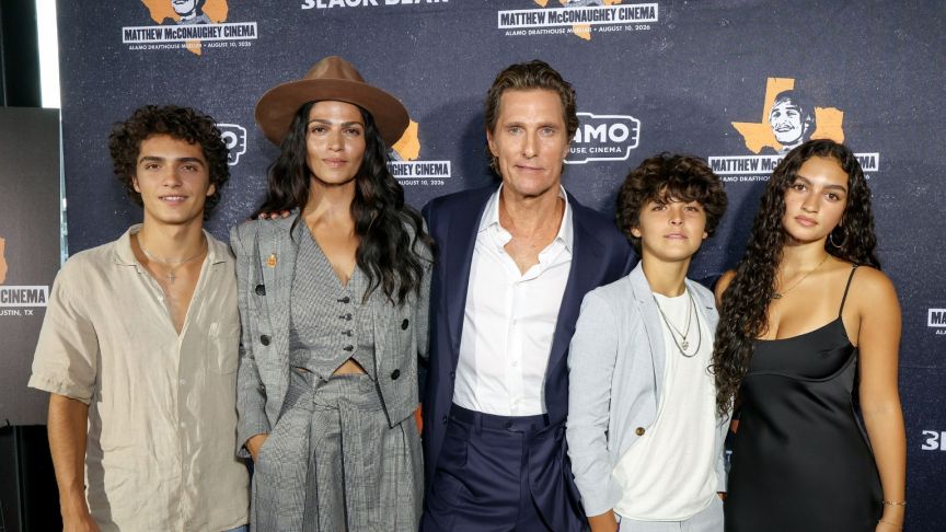 Levi Alves McConaughey, Camila Alves McConaughey, Matthew McConaughey, Livingston Alves McConaughey and Vida Alves McConaughey attend Matthew McConaughey Cinema's dedication ceremony