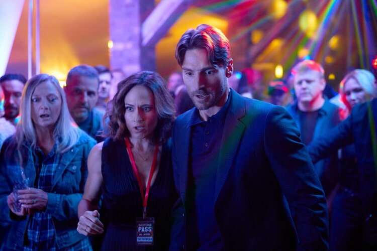 Nikki DeLoach and Andrew Walker in Hallmark's "Curious Caterer: Forbidden Fruit"