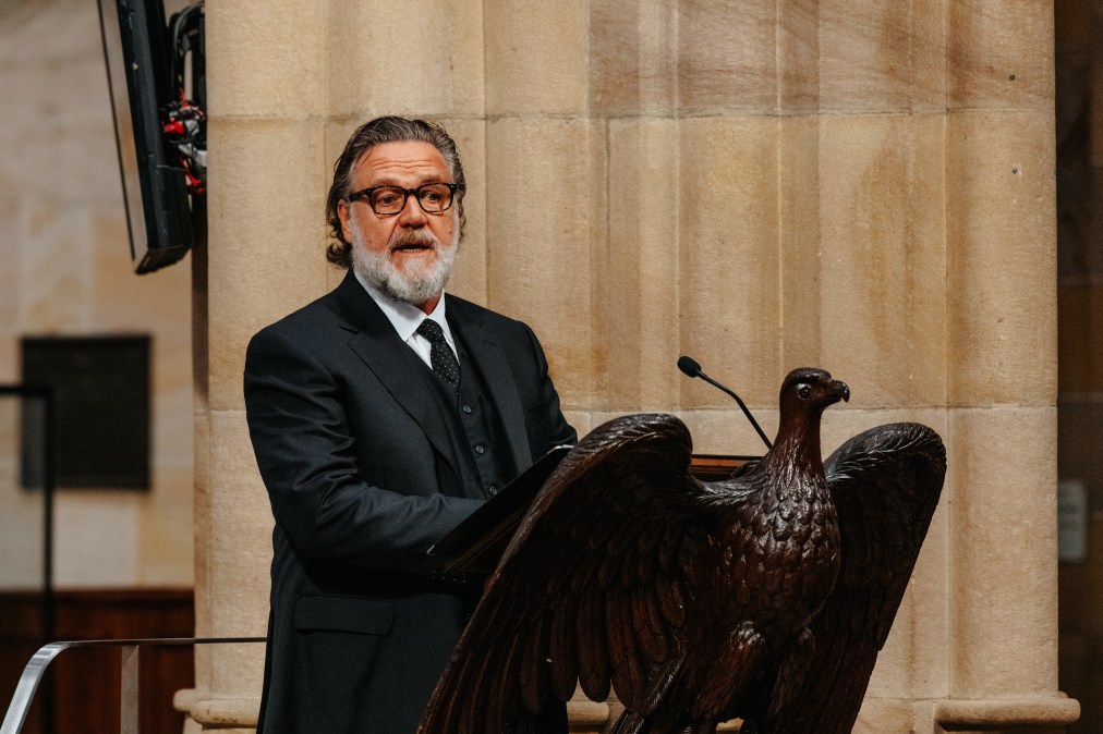 Russell Crowe giving a speech at the state funeral for John Laws