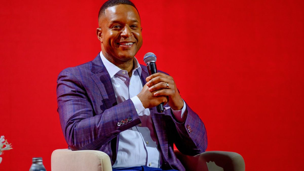 Craig Melvin on stage during the OMEGA panel discussion with Olympic ambassadors at The Planet OMEGA exhibition launch at the Chelsea Factory.