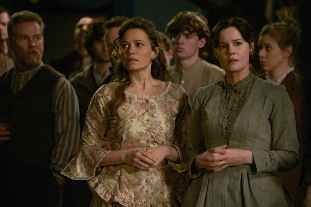 Bethany Joy Lenz and Chelsea Hobbs look surprised in frontier dresses as Rebecca and Peggy