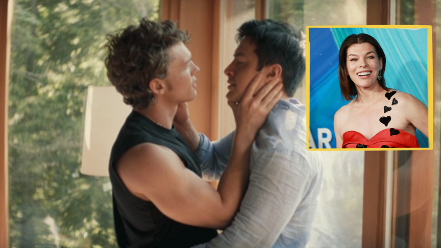 A picture of Milla Jovovich is on the right on top of Ilya and Shane about to kiss in 'Heated Rivalry.'