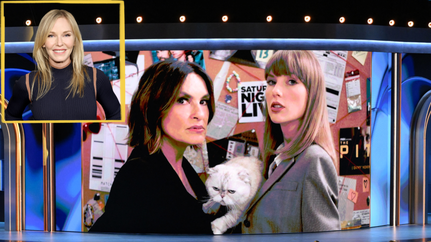 Kelli Gibbish's face is in the top left corner of a picture of Mariska Hargitay and Taylor Swift's faces on the Emmys screen.