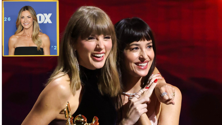 Taylor Swift hugs Dakota on stage at the MTV Video Music Awards. A picture of Erin Andrews is on the top left.
