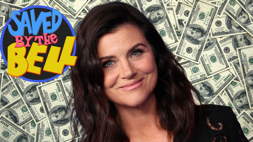 Tiffani Thiessen smiles with money behind her and the 'Saved by the Bell' logo.