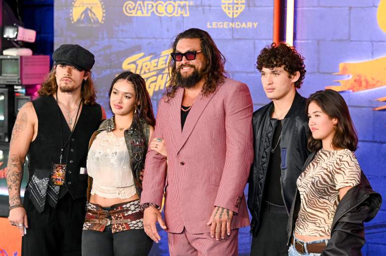 US actor Jason Momoa (C), his daughter Lola Iolani Momoa (2nd L), son Nakoa-Wolf Momoa (2nd R) and guests 