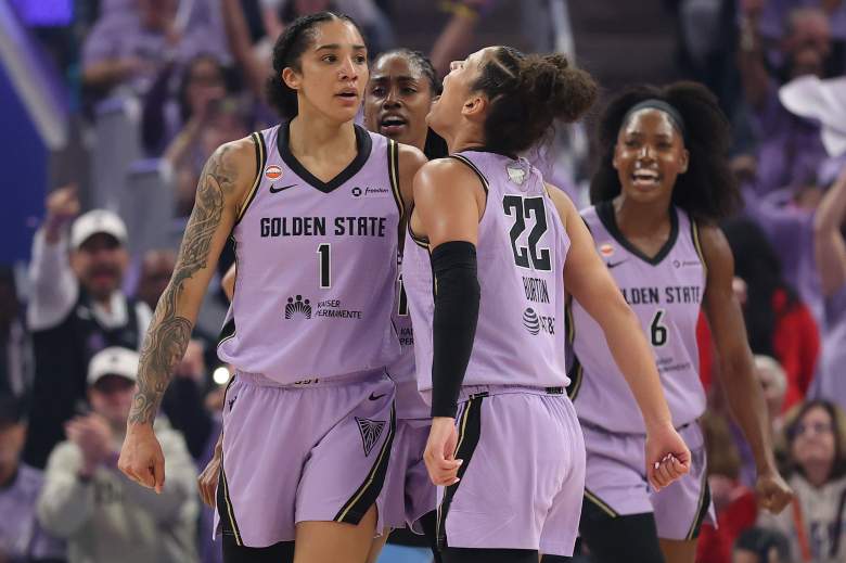 Gabby Williams #1, Veronica Burton #22, Tiffany Hayes #15, and Kaila Charles #6 of the Golden State Valkyries react during the first quarter against the Atlanta Dream in game five of the 2026 WNBA Finals at Chase Center on October 26, 2026 in San Francisco, California.