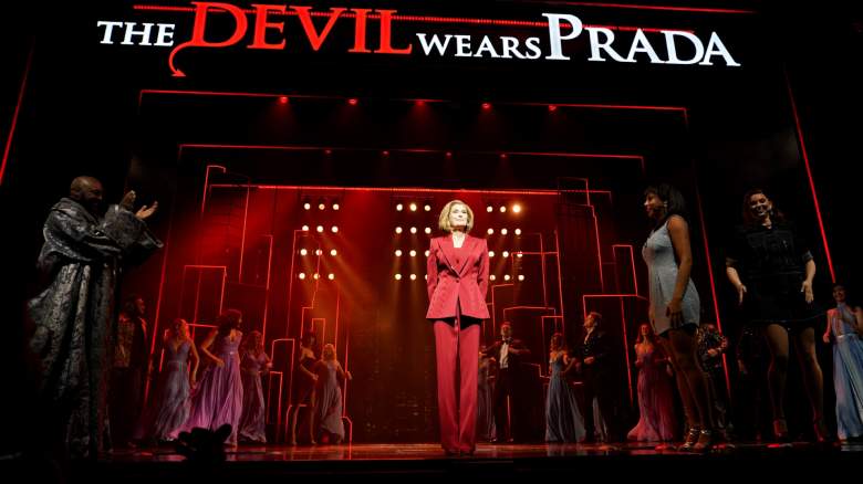 Teri Hatcher smiling during curtain call on her opening night of "The Devil Wears Prada" stage musical in London, England